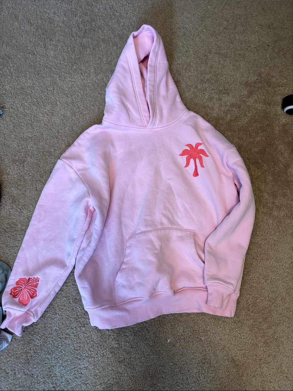 Soft Pink Palm Graphic Hoodie with Coral Accents